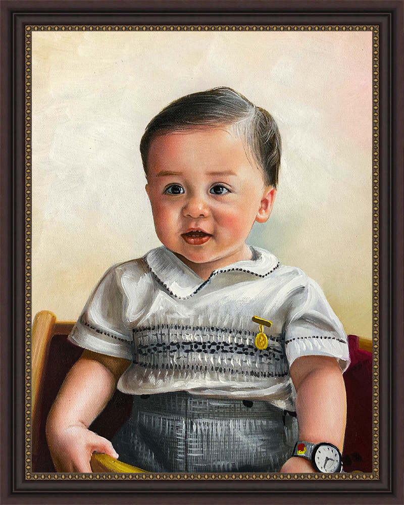 Oil painting of toddler boy in vintage white shirt with medal pin